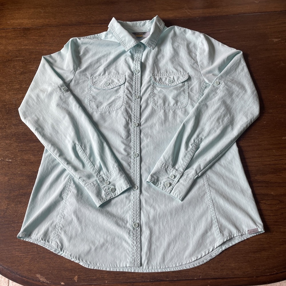 Eddie Bauer Women's Medium Light Blue Button Up Hiking Fishing Utility Shirt